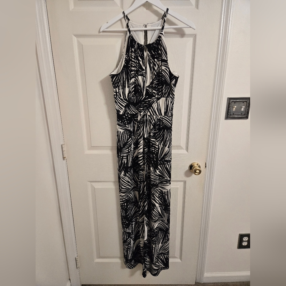London Style Black And White Tropical Print Maxi Dress Size 14